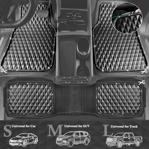 CAR PASS Bling Diamond Rubber Car Mats, Heavy Duty Deep Dish All-Weather Floor Mat Full Set Anti-Slip 3D Rhombus Waterproof Trim to Fit Liner Universal Glitter Sparkly Shining Rhinestone, 3 Pcs Black - color: Black Diamond
