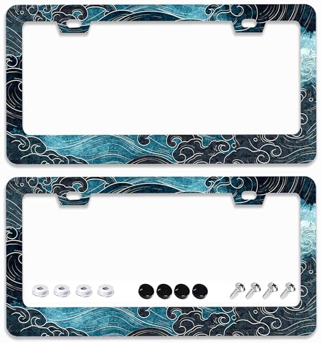 2 Pcs Japanese Ocean Wave License Plate Frames - 2 Holes Stainless Steel Metal Auto Car Accessories Decoration License Plate Frame Cover Size 6.3" x 12.2" Fit US Vehicles for Women Men Gift - color: Ocean Wave