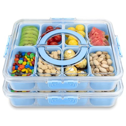 Divided Serving Tray with Lid and Handle,8 Compartments Snacks Box,Snack Fruit Veggie Tray,Portable Platter for Candy Fruits Nuts Snack Party Entertaining Picnic (2PCS Blue) - color: 2pcs Serving Tray-blue