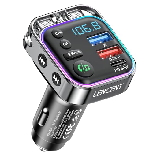 LENCENT Bluetooth 5.3 FM Transmitter Car Adapter 48W (PD30W & QC18W) Fast Charger, Light Switch, HiFi Bass Sound Audio Receiver Wireless Radio MP3 Music Player, Hands-Free Calling, Support USB Drive