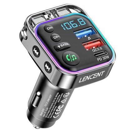 LENCENT Bluetooth 5.3 FM Transmitter Car Adapter 48W (PD30W & QC18W) Fast Charger, Light Switch, HiFi Bass Sound Audio Receiver Wireless Radio MP3 Music Player, Hands-Free Calling, Support USB Drive