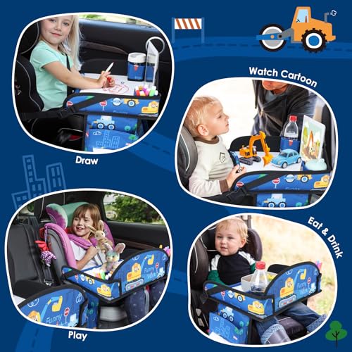 Kids Travel Tray for Airplane - Toddler Car Seat Table Tray, Road Trip Essentials for Boys & Girls, Carseat Lap Desk for Kids Road Trip Activities (Dark Blue Car) - color: Dark Blue Car