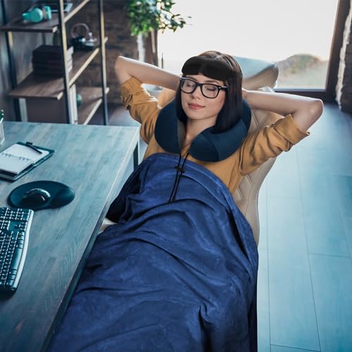 urnexttour Travel Pillow and Blanket Set Neck Pillows Travel Essentials with Sleep Mask for Airplane Car Memory Foam Blue - color: A-blue