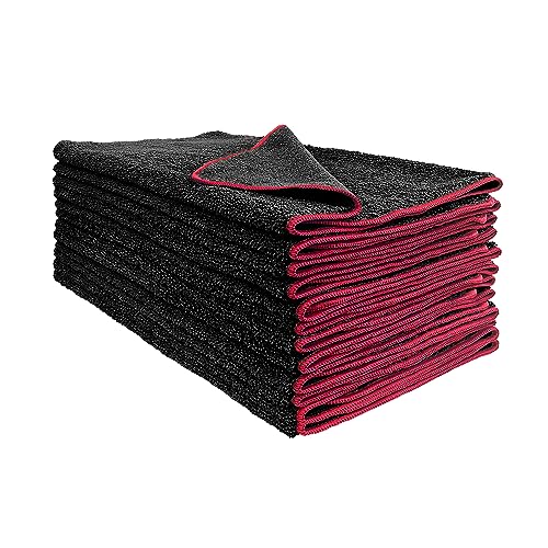 Detailer's Preference Dual Pile 400 GSM Microfiber Towels with Red Trim, All-Purpose Terry Weave Cleaning Cloths for Auto, Home, Boat, Scratch-Free & Reusable, 16x24 Inches, 12-Pack - color: Black With Red Trim