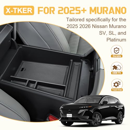 Center Console Organizer Compatible with 2025 2026 Nissan Murano SV/SL/Platinum Accessories, Custom-fit Armrest Storage Box Double-Layer Insert Tray Secondary Compartment Coin Holder ABS