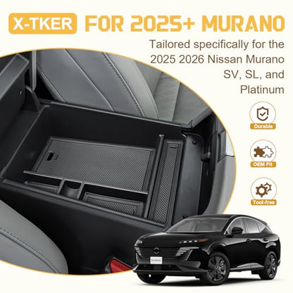 Center Console Organizer Compatible with 2025 2026 Nissan Murano SV/SL/Platinum Accessories, Custom-fit Armrest Storage Box Double-Layer Insert Tray Secondary Compartment Coin Holder ABS