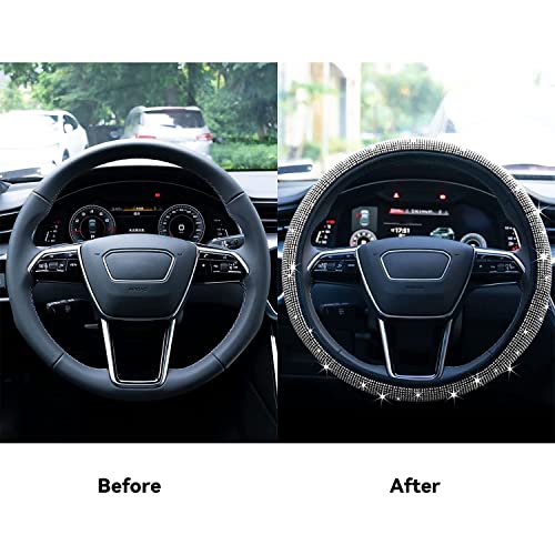 Bling Rhinestone Steering Wheel Cover with Crystal Diamond for Women, Sparkling Car Wheel Protector Universal Fit 14-15 inches - White - color: white