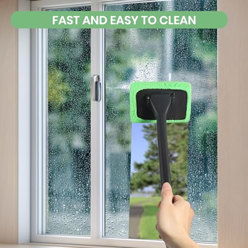 Windshield Cleaner Tool Car Window Cleaner with 6 Reusable and Washable Microfiber Pads and Extendable Handle Auto Inside Glass Wiper Kit (Green)