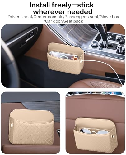 Car Door Organizer, PU Leather Storage Pouch with Strong Sticky Back for Phone, Keys - Fits Car Seat Side Pocket & Console Gap, Universal Car Accessories - Beige