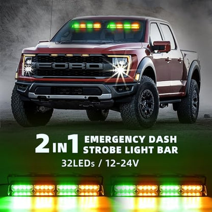 2 in 1 LED Emergency Dash Strobe Light Bar Front/Rear Windshield Safety Flashing Warning Hazard Interior Lights for Police Firefighter Construction Vehicles Trucks (2x14 inch, Amber/Green) - color: #10 Amber/Green