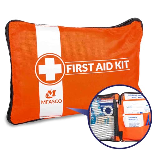 MFASCO First Aid Kit for Home, RV, Automotive - Compact Orange Pouch with Organizers for Small Travel, Backpacking, Cars, Motorcycle, Basic Supplies, Measures 8 x 5 3/4 x 1 1/4 inches, 70 Pieces