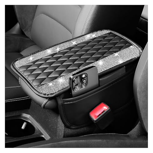 Car Center Console Cover with Diamond Grid Design,Bling Armrest Cover Cushion with 2 Storage Bags,Soft Leather Arm Rest Cover for Car Interior Accessories (Black + White) - color: Black + White