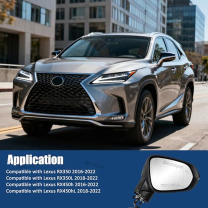 Passenger Side Mirror Assembly Compatible with Lexus RX 350 350L 450h 450hL 2016-2022 with Heated, Blind Spot Monitor, Turn Signal, Power Folding Adjust Memory Black (13 Pin Right) - size: 13Pin Right