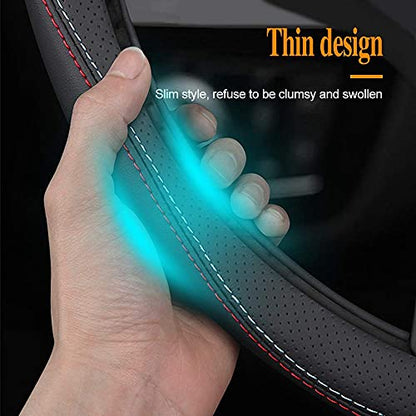 Carodi Latest Nappa Leather car Steering Wheel Cover, Stylish Non-Slip Leather car Interior 15 inches Universal（Black） - color: Black (red and blue lines)