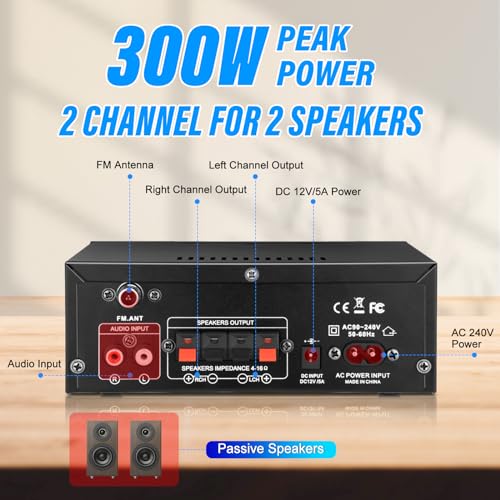 Daakro AK45 Stereo Audio Amplifier,300W Home 2 Channel Wireless Bluetooth 5.0 Power Amplifier System, Home Amplifiers FM Radio, USB, SD Card, with Remote Control Home Theater Audio Stereo System