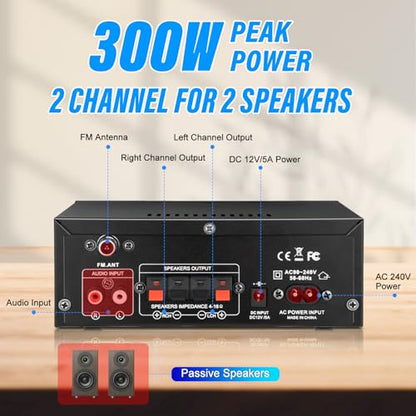 Daakro AK45 Stereo Audio Amplifier,300W Home 2 Channel Wireless Bluetooth 5.0 Power Amplifier System, Home Amplifiers FM Radio, USB, SD Card, with Remote Control Home Theater Audio Stereo System