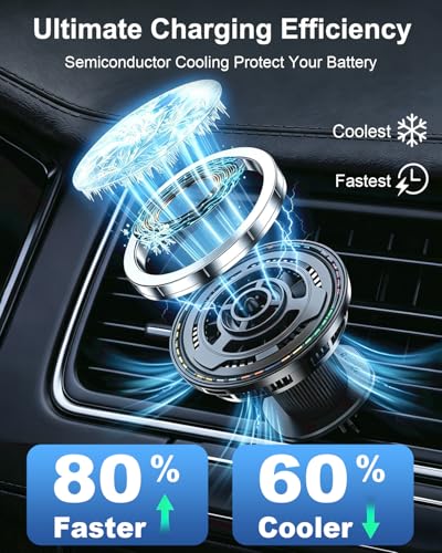 Wireless Car Charger with Semiconductor Cooling, Magnetic Phone Mount for iPhone 17/16/15/14/13 Series, 15W Fast Charging Car Holder with RGB Ambient Light, Auto-Aligning Vent Clip Mount