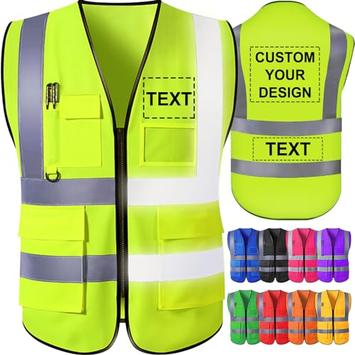Custom Safety Vest for Men with Logo Pockets High Visibility Reflective Vests Construction Security Workwear - color: Yellow, size: Large