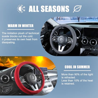 Red Suede Steering Wheel Cover, Breathable Non-Slip Sweat-Proof Wear-Resistant No Pilling, Warm in Winter and Cool in Summer, Universal 15 inch - color: Red, size: Round-M[14.5''-15'']