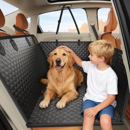 Dog Car Seat Cover with PU Leather Updated,Hard Bottom & Mesh Window, Waterproof Dog Car Seat Cover for Back Seat, Cat-Scratch Resistant Fabric,Backseat Cover for Dogs for Car SUV and Trucks