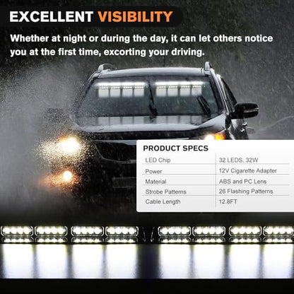 Nilight 32LED White Emergency Dash Strobe Lights with Controller Suction Cups Warning Hazard Interior Front/Rear Windshield Deck Split Light Bar for Trucks Construction Vehicles - color: White