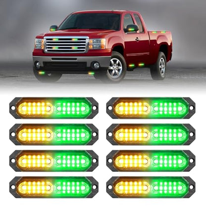 HLauto 1200T Emergency Strobe Grille Lights: 8pcs 12 LED Sync Feature Safety Warning Flashing Lights, Ultra Slim Surface Mount Hazard Caution Lights for Trucks, Vehicles, Car, ATV, UTV (Amber Green) - color: Amber/Green