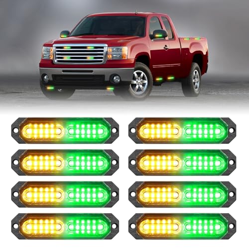 HLauto 1200T Emergency Strobe Grille Lights: 8pcs 12 LED Sync Feature Safety Warning Flashing Lights, Ultra Slim Surface Mount Hazard Caution Lights for Trucks, Vehicles, Car, ATV, UTV (Amber Green) - color: Amber/Green