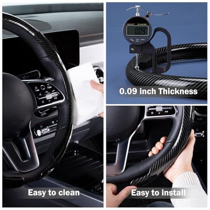 Car Steering Wheel Cover Carbon Fiber Snap On Steering Wheel Accessories Wrap 14.5-15 inch Universal Grip Anti-Skid Protector, Glossy Black - color: A Glossy Black
