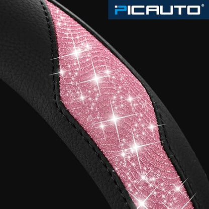 PIC AUTO Steering Wheel Cover, Hot Pink Sparkly Crystal Bling Glitter with Leather, Universal Fit 14.5"-15.5" Car Steering Wheels for Girls & Women, Anti-Slip Wheels Cover for Cars, Trucks, Van, SUVs - color: Hot Pink Glitter
