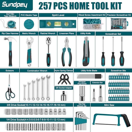 Sundpey Home Tool Kit 257-PCs - Household Basic Repair Tool Set for Men Women - General Hand Mechanic's Tool Set & Screwdriver Set & Wrench Set & Socket & Portable Tool Box Storage Case Blue - style: 257-PCs