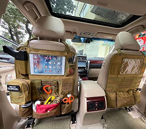 Upgrade Tactical Seat Back Organizer Molle Car Seat Organizer with 4 Detachable Pouches: Trauma Medical Pouch, Water Bottle Pouch, Vehicle Protector Organizers (Modern B TAN) - style: Modern B Red