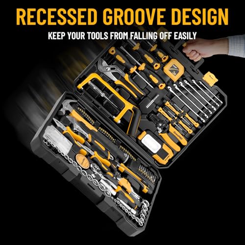 GRENPRO 218 Piece Tool Kit for Home, Tool Box with General Household Hand Tools Set, Herramientas with Screwdrivers, Wrenches, Hammer, Bow Saw, Folding Work Lamp, Electric Pen and Other Basic Tool Kit - style: Yellow Hand Tool Set 218PC
