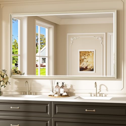 Keonjinn 60" x 36" Large Brushed Nickel Bathroom Mirror, HD Tempered Glass Beveled Edge, Aluminum Alloy Frame, Shatterproof, Silver Rectangle Vanity Wall Mirror for Over Sink, Living Room, Dining Room - color: Brushed Nickel, size: 36"L x 60"W
