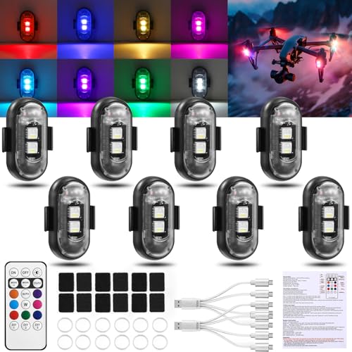 8PCS Wireless LED Strobe Lights, Halloween 8 Colors Wireless Strobe Lights with Remote Control, IP65 Waterproof Rechargeable Anti-Collision LED Emergency Warning Light for Car Drone Aircraft - size: 8PCS (Standard)