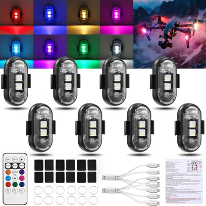 8PCS Wireless LED Strobe Lights, Halloween 8 Colors Wireless Strobe Lights with Remote Control, IP65 Waterproof Rechargeable Anti-Collision LED Emergency Warning Light for Car Drone Aircraft - size: 8PCS (Standard)