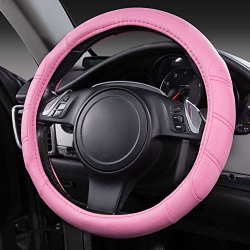 CAR PASS Line Rider Microfiber Leather Sporty 14.5-15 inch Car Steering Wheel Cover Universal Fits for 95% Cars Sedans SUV Trucks, Anti-Slip Safety Comfortable Design (Pure Pink) - color: Pure Pink, size: Standard[14.5"-15"]