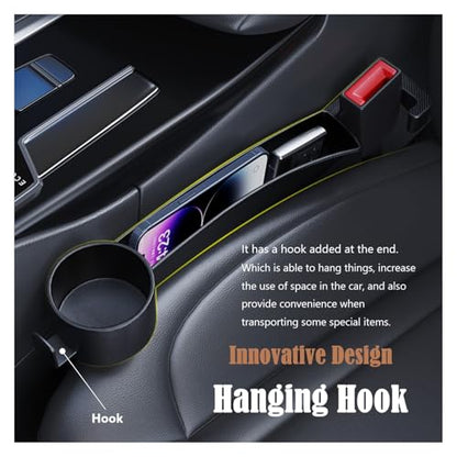 Dual Slot Car Seat Gap Organizer with Cup Holder, Universal Auto Gap Filler Strip 2 Pack with Seat Belt Holes, Carseat Side Gap Guard Spacer Accessories to Fill The Space Between Front Seat & Console - color: Black, 2PCS with Cup Holder & Hook