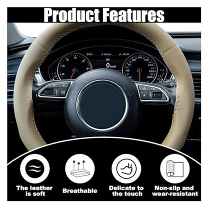 Car Genuine Leather Steering Wheel Cover, DIY Sewing with Needle and Thread, Breathable, and Anti-Slip, Universal 15 Inch Car Steering Wheel Stitching Wrap (Beige, Glossy) - color: Beige, size: Glossy