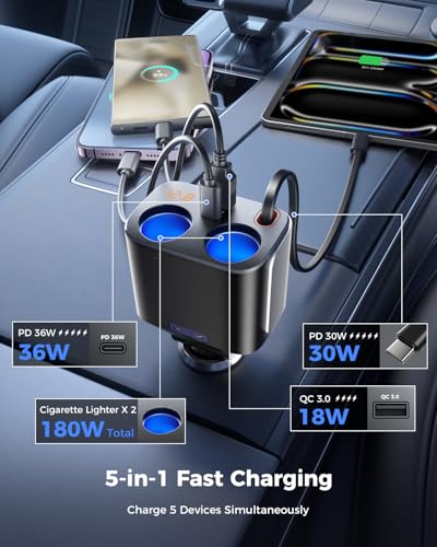180W Cigarette Lighter Splitter w/Retractable 36W USB-C Cable, SUPERONE 2-Socket Cigarette Lighter Adapter with QC3.0 Car Charger Splitter for GPS/Dash Cam/Laptop/iPad/iPhone 17/16/15/14/13/12/11