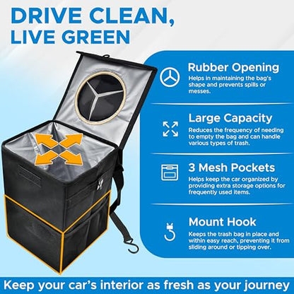EcoNour Car Trash Can with Lid (1.5 Gallons), Hanging Garbage Can, Water Proof Trash Bag for Car, SUV, Truck, Car Trash Bin (Black), Car Trash Accessories with Multipurpose Storage