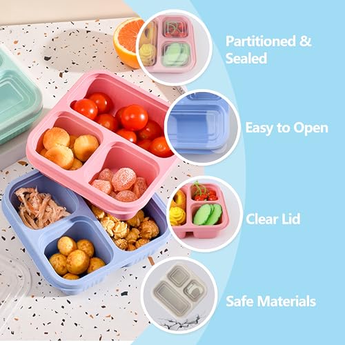 Finorder 4 Pack Wheat Straw Containers, Pastel Multi-color 3 Compartment Reusable Snack Bento Box Toddler, Square Meal Prep Food Containers for Kids, Adults, Office and Travel - color: 4 Pack Wheat Straw Containers