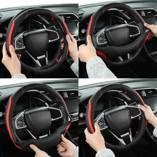 Car Steering Wheel Cover, Leather Steering Wheel Cover Red Universal 14.5-15 Inch Microfiber Leather Anti-Slip Breathable Auto Steering Wheel Covers for Men Women (Black&Red) - color: Red