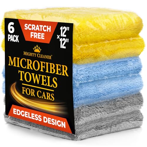 Super Soft Microfiber Towels for Cars - Edgeless - 6pk (12”x12”) - Premium Scratch-Free Towel - Great for Drying, Detailing, Polishing, Buffing - Ultra Absorbent Microfiber Cleaning Cloths for Car - color: Gray, Blue, Yellow