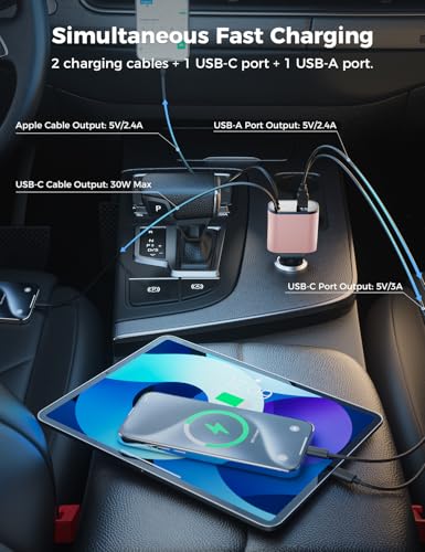 SUPERONE 【Upgraded】 Retractable Car Charger 4 in 1, Fast Car Phone Charger with Cord 2.6ft, USB C Car Charger Adapter, Compatible with iPhone 17/16/15/15 Pro Max/14/13/12/11, Galaxy, Pixel - color: Pink