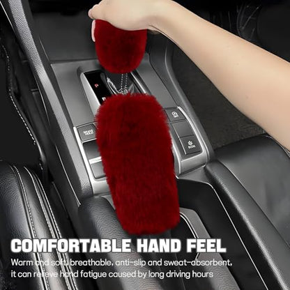 Hovom 2PCS Fluffy Car Gear Shift Knob Cover & Handbrake Cover, Soft Plush Hand Brake Handle & Gear Shift Cover for Women Girls, Universal Comfortable Warm Furry Car Accessories (Wine Red) - color: Wine Red