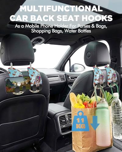 WOCOCN 2 Pack Car Purse Hook for Car Seat Headrest, Double-Sided PrintingPU Leather Purse Holder with Metal Hook, Cute Car Accessories for Women, Men (Car hook - Skeleton and Butterfly A) - color: Car hook - Skeleton and Butterfly A