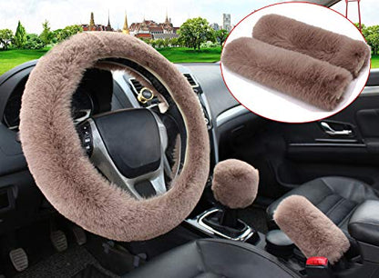 Pinbola 5pcs in 1 Set Faux Wool Steering Wheel Cover Soft Fluffy Handbrake Cover & Gear Shift Cover & 2pcs Seat Belt Shoulder Pads Warm Universal Fit for 15 Inch (Tan) - color: Tan