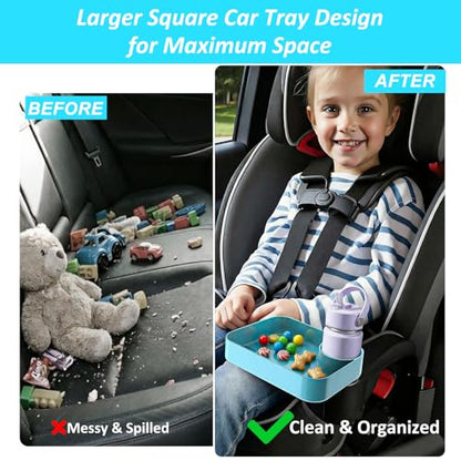 2PCS Car Seat Snack Tray for Kids, Mess-Free Square Travel Tray Cup Holder Snack Tray, Durable Car Food Tray for Toddlers, Universal Fit Kids Travel Road Trip Essentials (Gray&Blue) - color: Gray&Blue