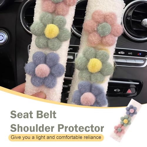 2 PCS Car Seat Belt Cover, Cute Flower Seat Strap Pads, 9.4" x 2.5" Soft Plush Safety Seatbelt Cushion, Universal Flower Car Accessories for Adults and Kids (Purple)