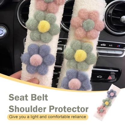 2 PCS Car Seat Belt Cover, Cute Flower Seat Strap Pads, 9.4" x 2.5" Soft Plush Safety Seatbelt Cushion, Universal Flower Car Accessories for Adults and Kids (Purple)